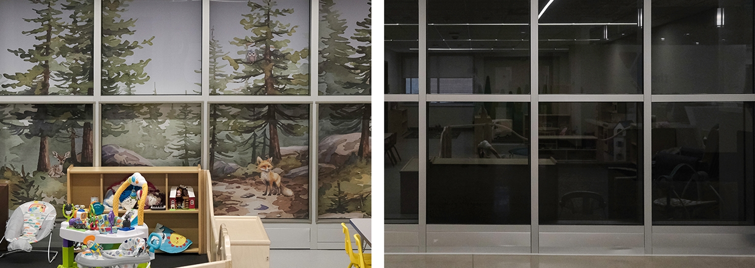 A split image of perforated window film with a custom printed nature scene viewed from both sides of the glass.