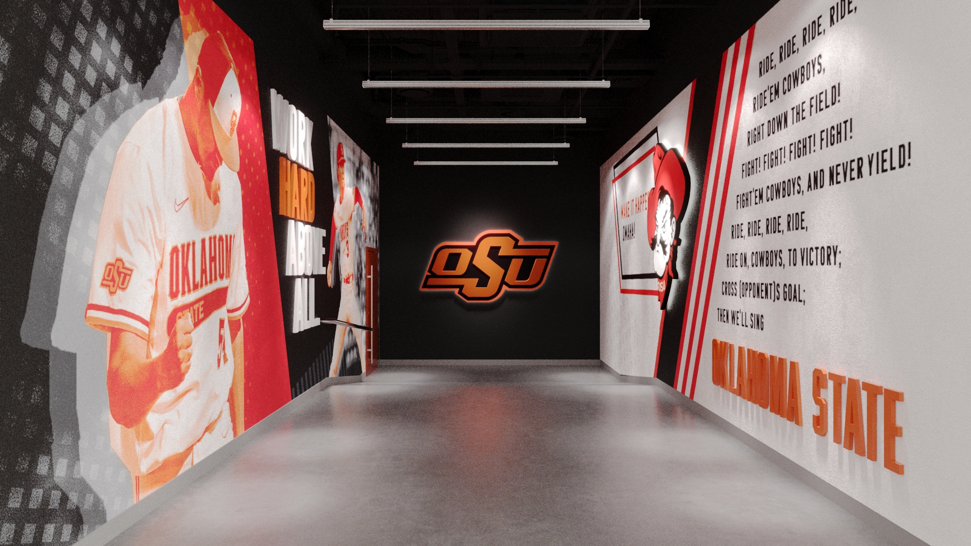 Rendering of a hallway at Oklahoma States baseball facility with wall-to-wall Amplify wallcoverings and Ethos dimensional letters.
