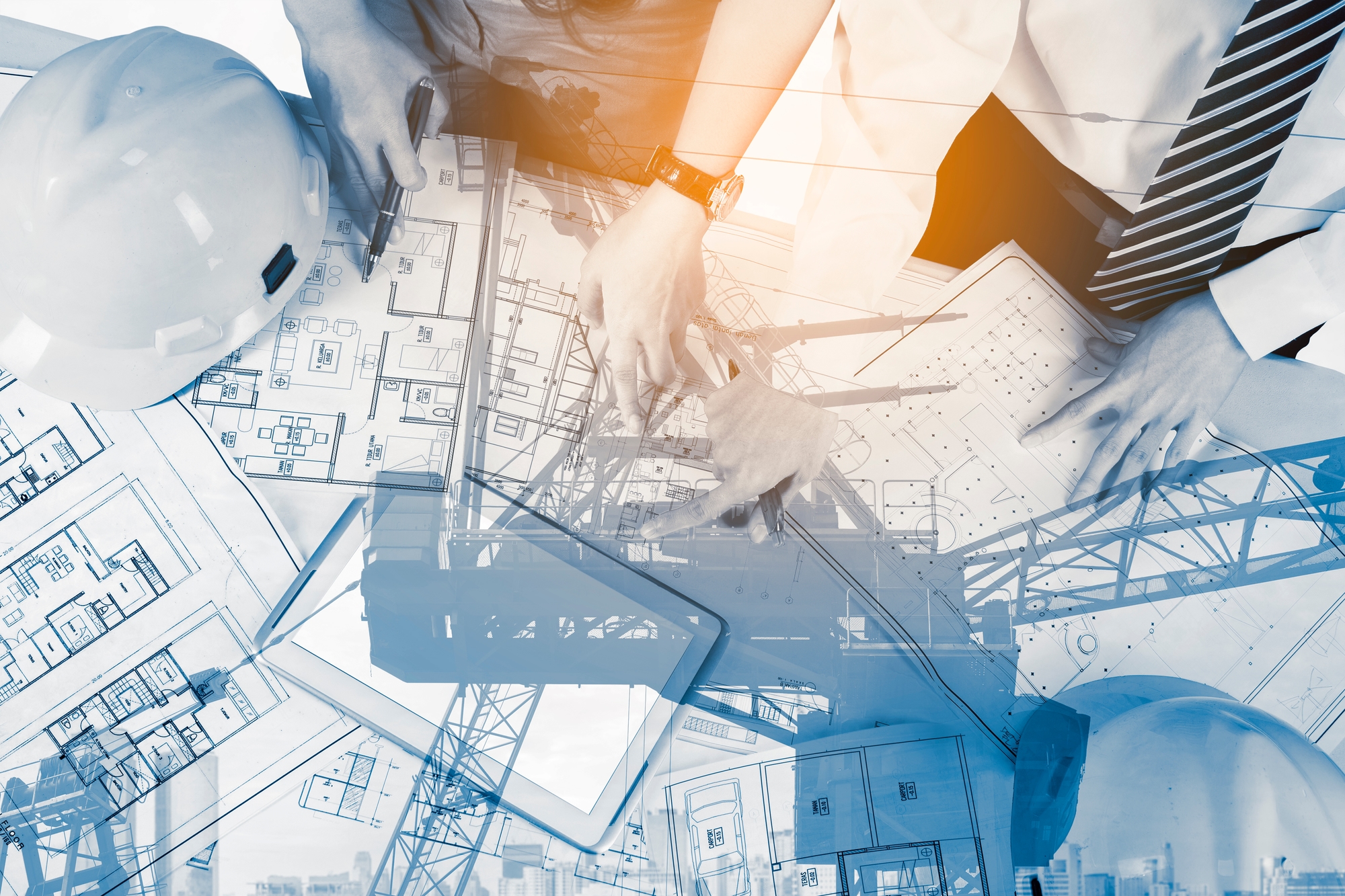 Multiple exposure photo with architectural drawings
