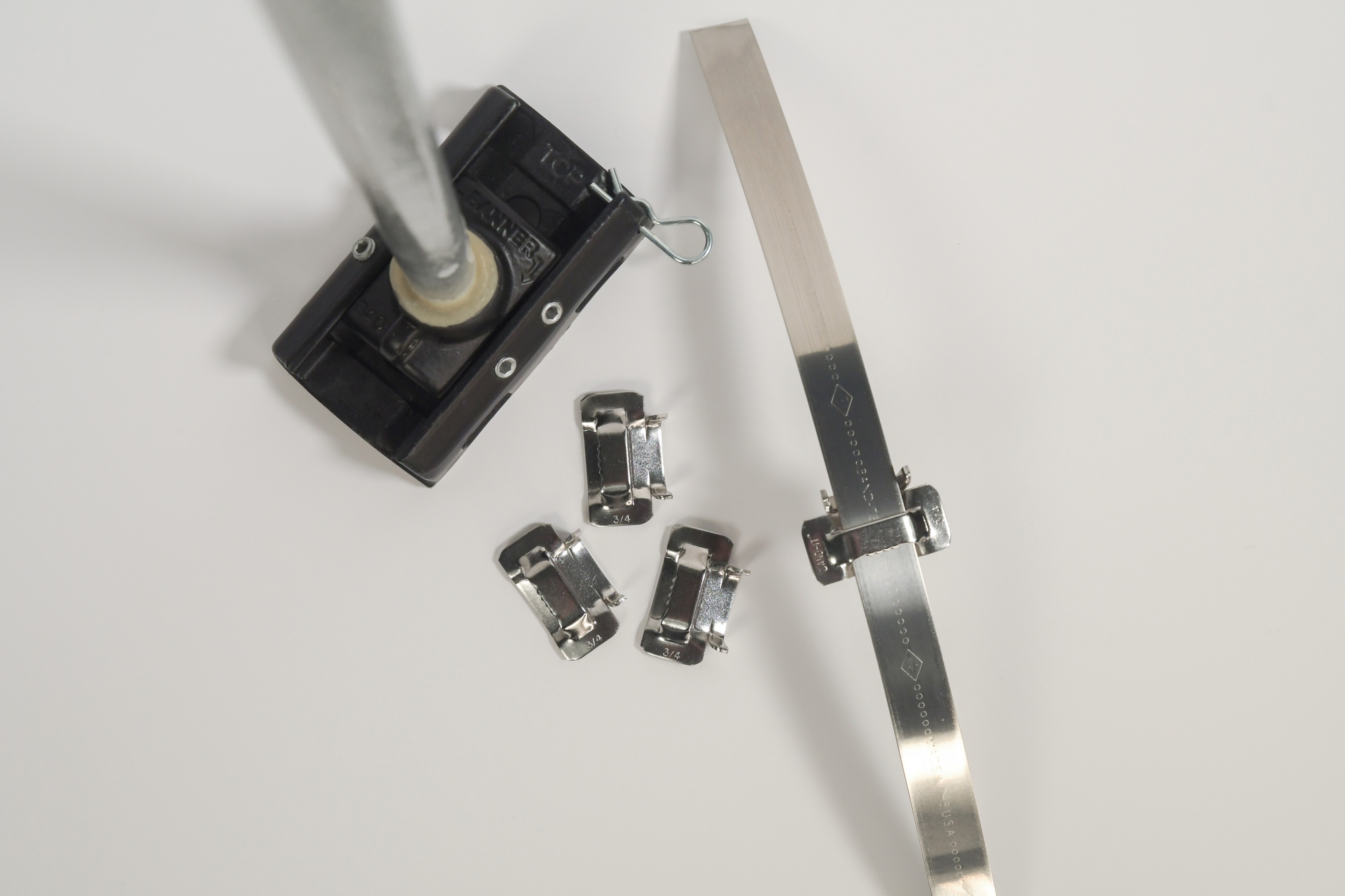 Stainless steel banner bracket, pole, bands and clamps.