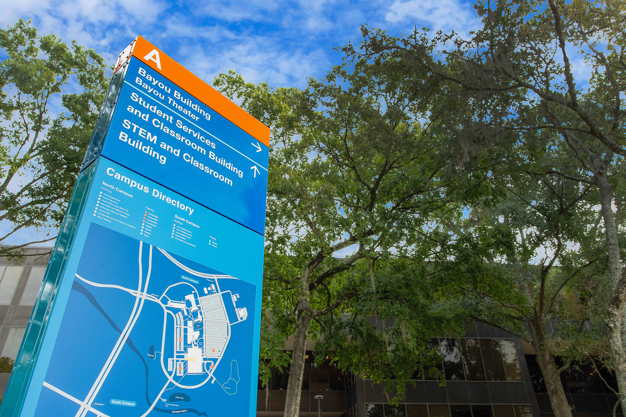 A porcelain coated exterior wayfinding sign.