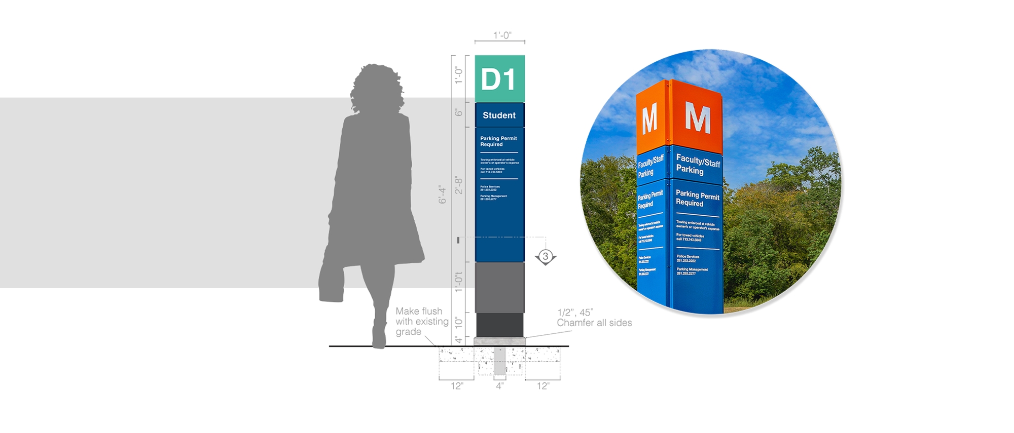 Rendering and photo of a color coated porcelain exterior parking ID sign.