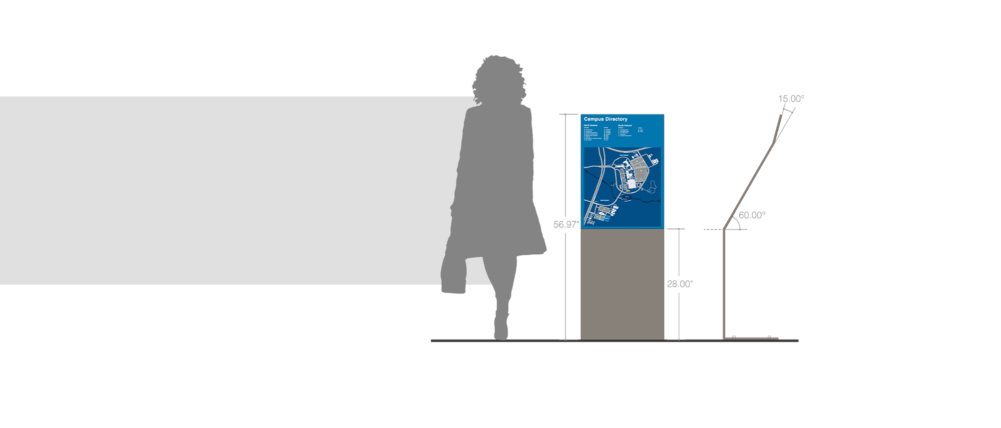Rendering of a pedestal fabricated exterior wayfinding sign.