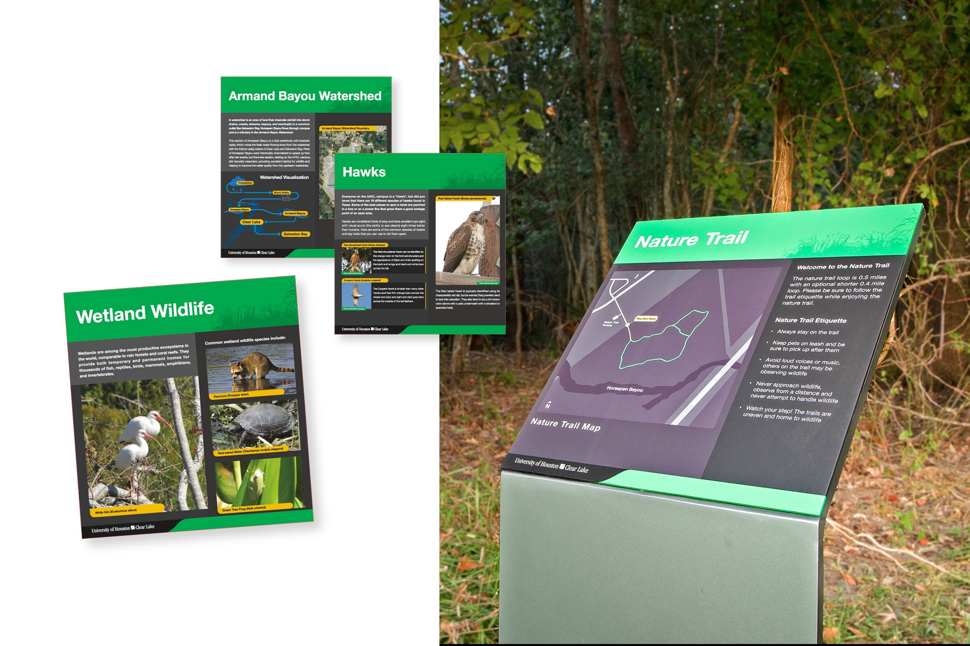 Pedestal fabricated exterior signage informing walkers of possible nature trail sightings.